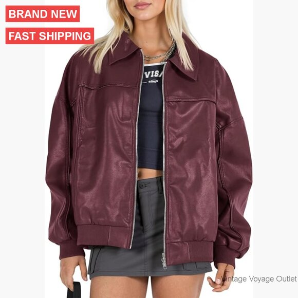 Oversized Faux Leather Bomber Jacket Zip Up Moto Biker Coat